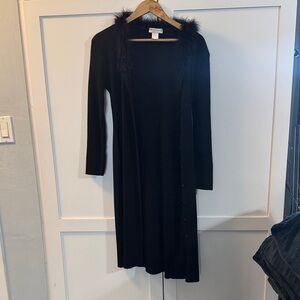 Chic Black Long Sleeve Dress with FeatherTrim